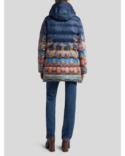 Etro Blue Down Jacket With Hood And Placed Print