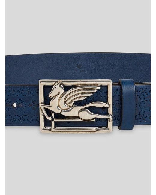 Etro Blue Etched Leather Belt With Pegaso Buckle for men