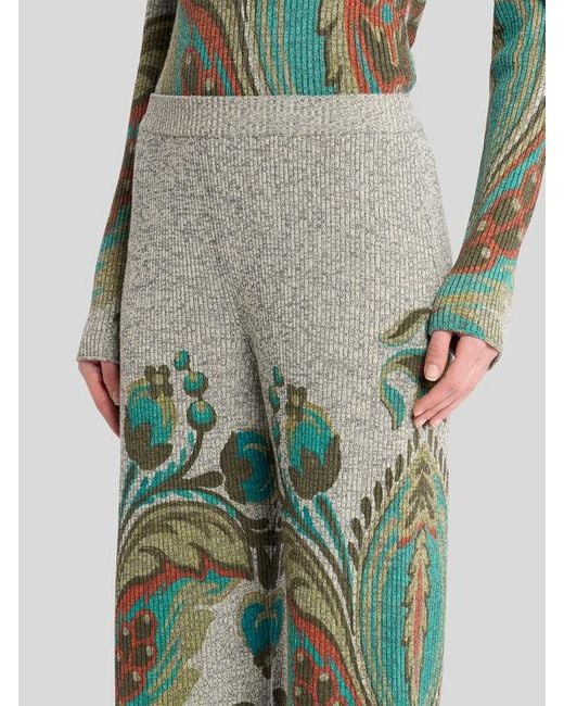 Etro Green Ribbed Wool Trousers With Daffodil Print