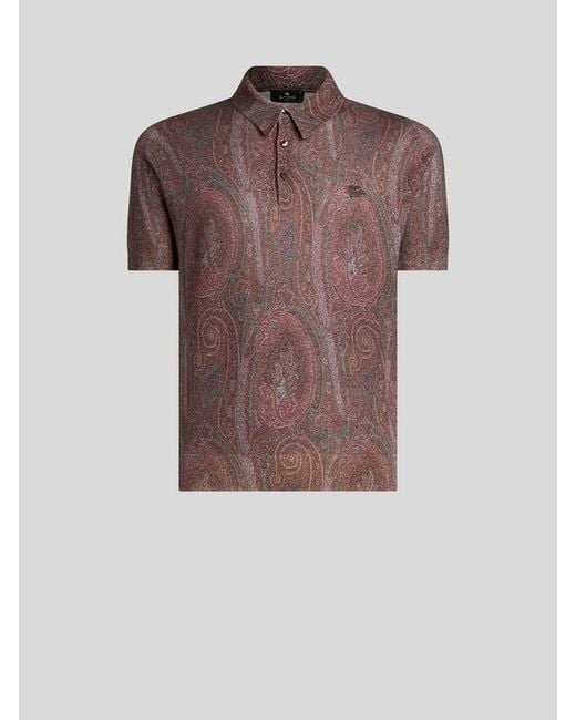 Etro Brown Knit Polo-Shirt With Paisley Print for men