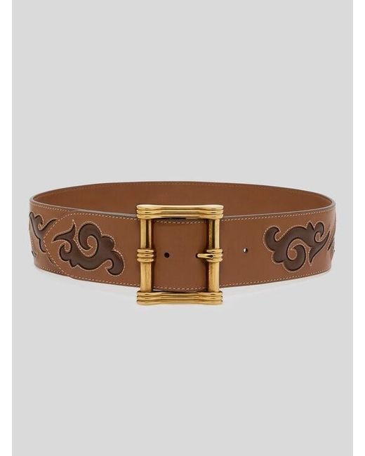 Etro Brown Leather Belt With Texan Embroidery