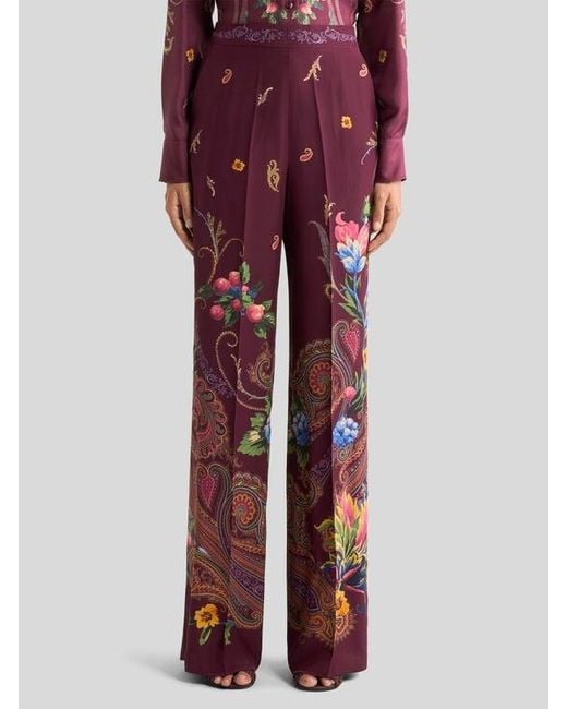 Etro Red Silk Trousers With Micro Motif And Placed Floral Paisley Print