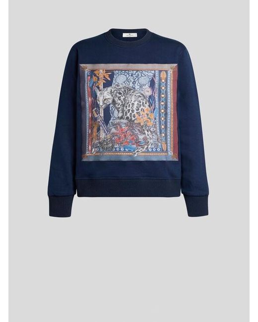 Etro Blue Cotton Sweatshirt With Placed Leopard Print for men