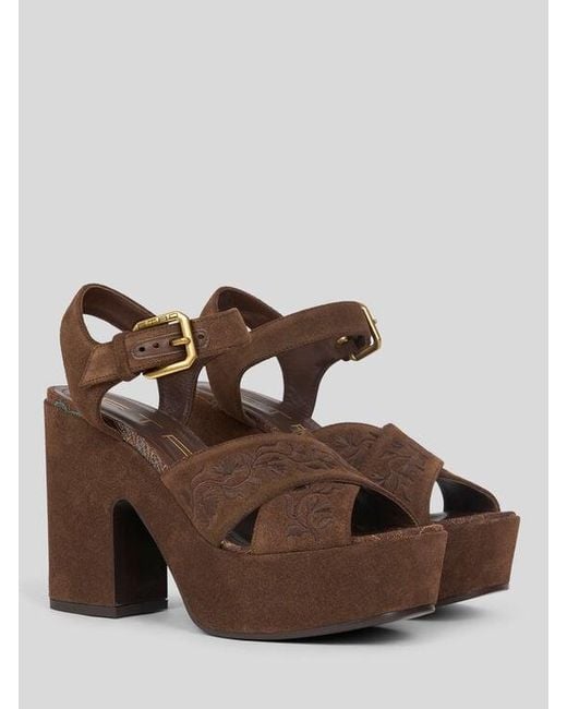 Etro Brown Suede Platform Sandals With Embroidery