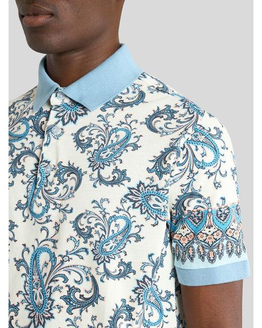 Etro Blue Cotton Polo Shirt With Placed Print for men