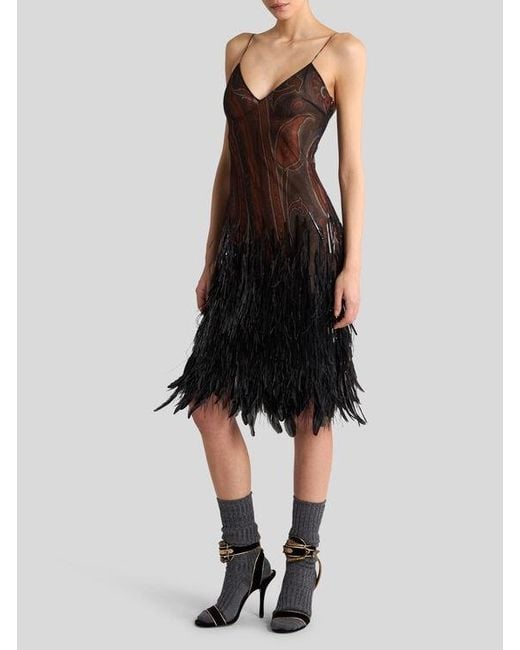 Etro Black Knee-Length Dress With Sequins, Ostrich Feathers And Paisley Motif