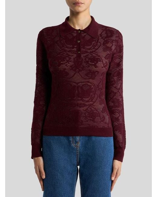Etro Red Long-Sleeved Wool Jacquard Polo Shirt With Placed Motif