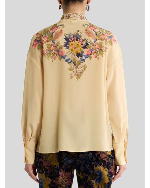 Etro Natural Silk Shirt With Silk Scarf And Placed Floral Print