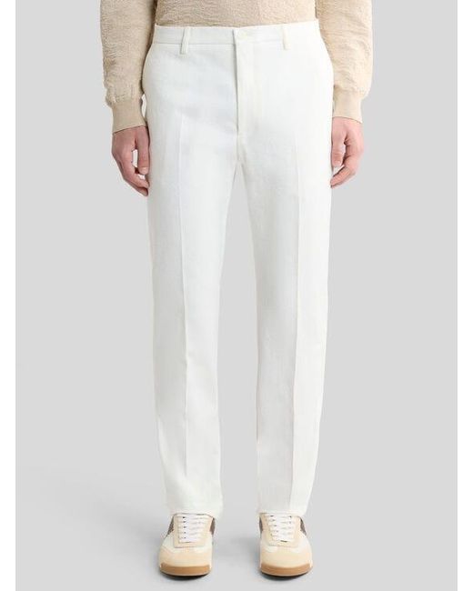 Etro White Stretch Cotton Jacquard Trousers With Floral Motif for men