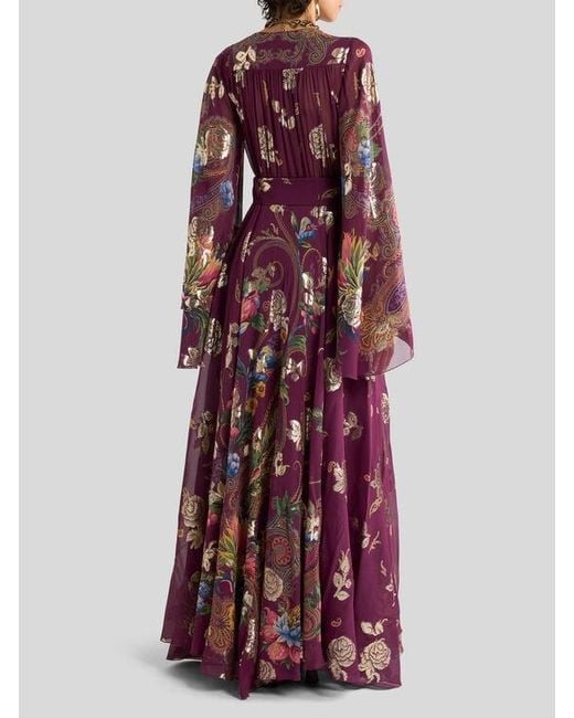 Etro Red Long Silk Dress With Placed Floral Paisley Print