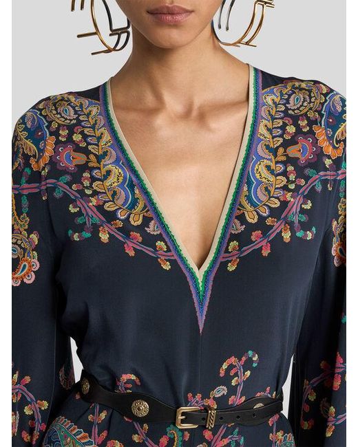 Etro Blue Silk Mini Dress With Placed Floral Paisley Print And Belt