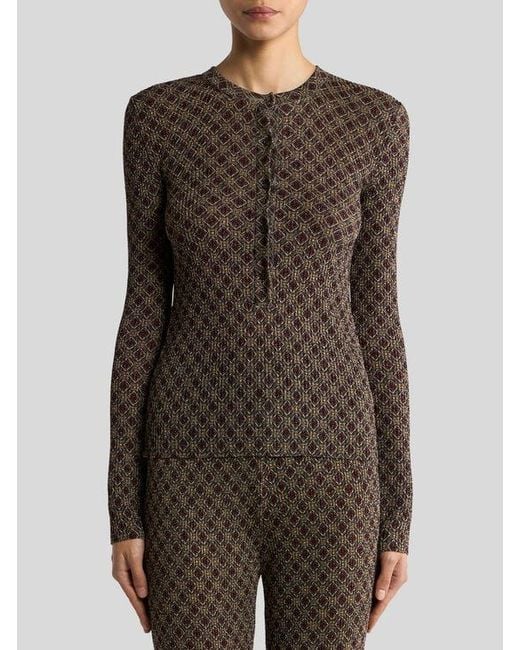 Etro Green Ribbed Henley-Neck Sweater With Micro Diamond Motif