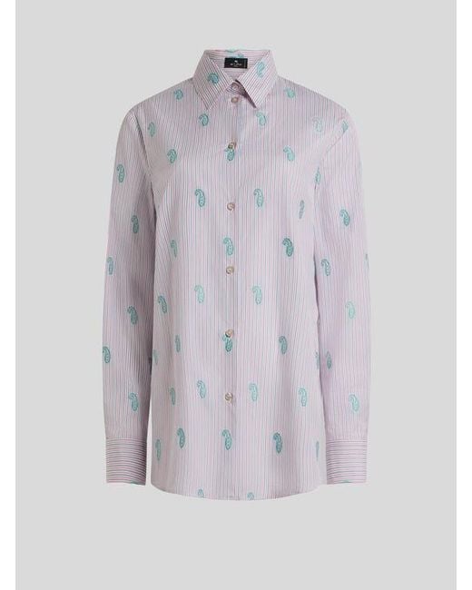 Etro Gray Striped Cotton Jacquard Shirt With Fil Coupé Paisley