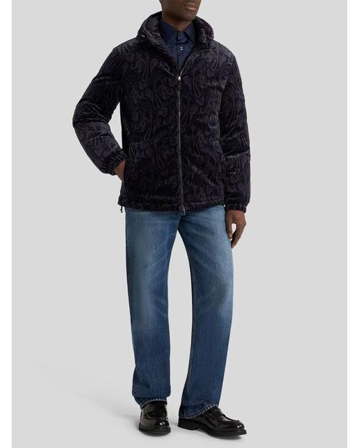 Etro Blue Cotton Velvet Down Jacket With Paisley Motif for men