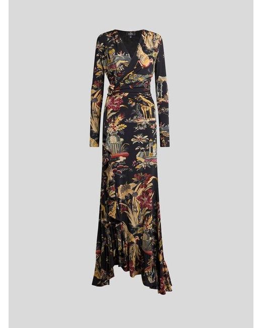 Etro Black Long Jersey Wrap Dress With Flower And Animal Motif