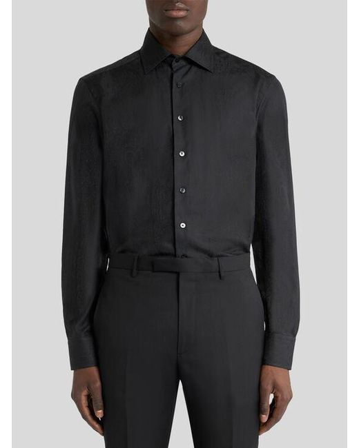 Etro Black Cotton Jacquard Shirt With Arnica Motif for men