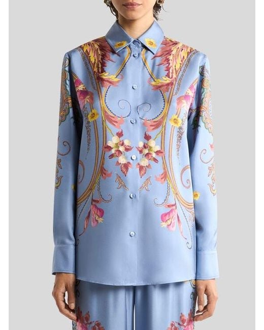 Etro Blue Silk Shirt With Placed Floral Paisley Print