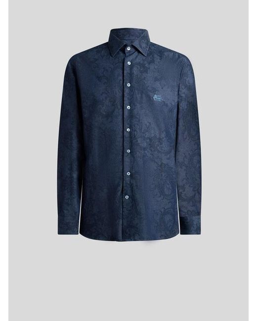 Etro Blue Cotton Denim Shirt With Leafy Paisley Motif And Pegaso for men