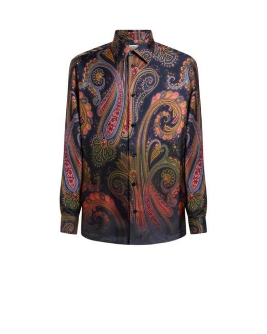 Etro Brown Silk Twill Shirt With Placed Degradé Paisley Print for men