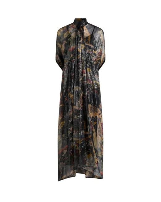 Etro Black Long Silk Dress With Cape Detail And Flower And Animal Motif