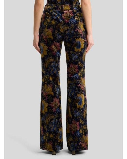 Etro Black Cotton Velvet Trousers With Floral Overprint