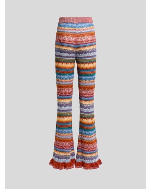 Etro Flared Knit Cotton Trousers With Stripes And Openwork