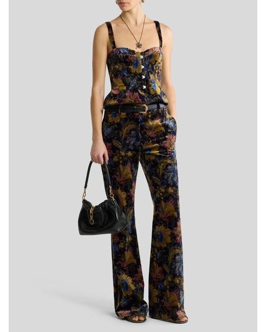 Etro Black Cotton Velvet Corset Top With Floral Overprint