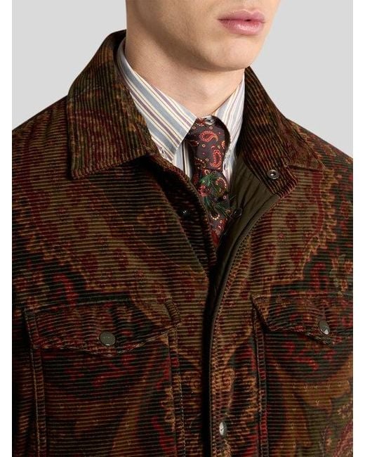 Etro Brown Padded Cotton Corduroy Shacket With Placed Floral Medallion Print for men