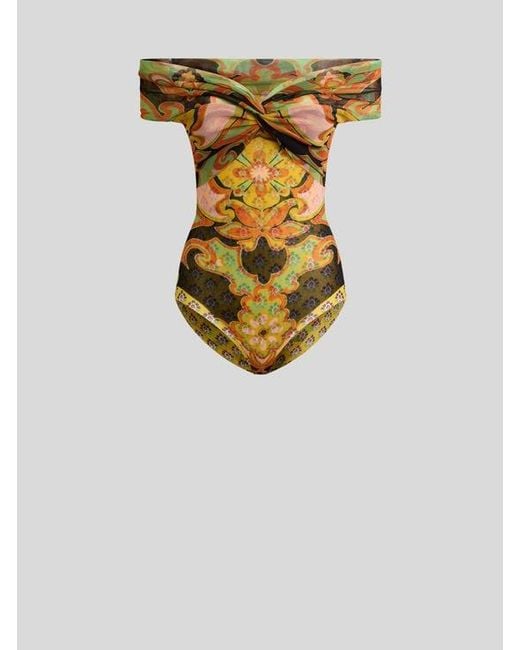 Etro Multicolor Tulle Bodysuit With Open Shoulders And Placed Floral Print