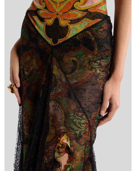 Etro Natural Silk Maxi Skirt With Lace And Floral Motif