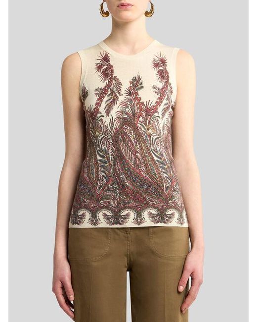 Etro Natural Top Aus Seide Und Kaschmir Mit Platziertem Print, Damen, Größe