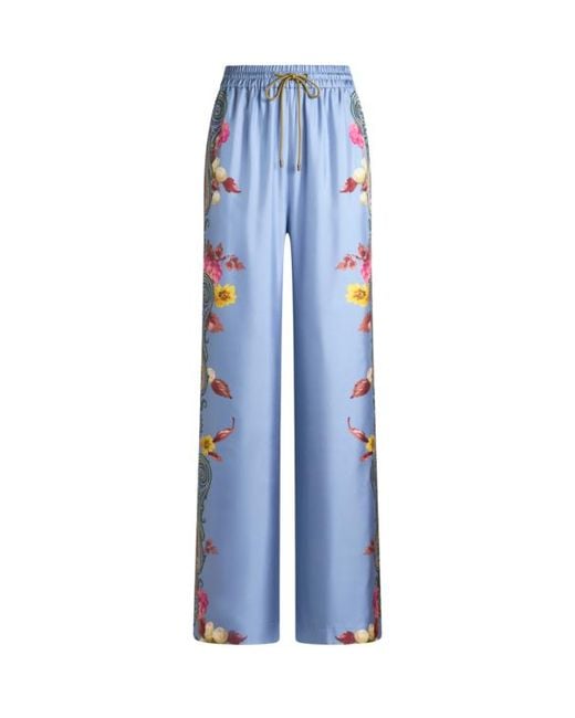 Etro Blue Silk Trousers With Placed Floral Paisley Print