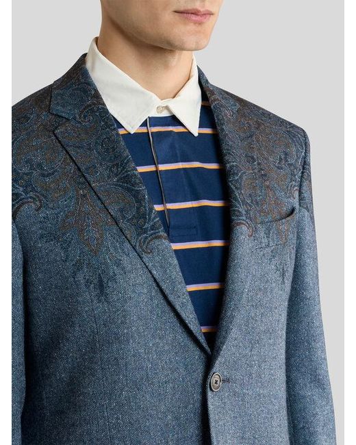Etro Blue Single-Breasted Wool-Blend Jacket With Placed Paisley Pochette Print for men