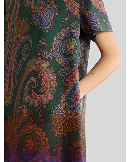 Etro Green Mini Silk Tunic Dress With Degradé Paisley Motif