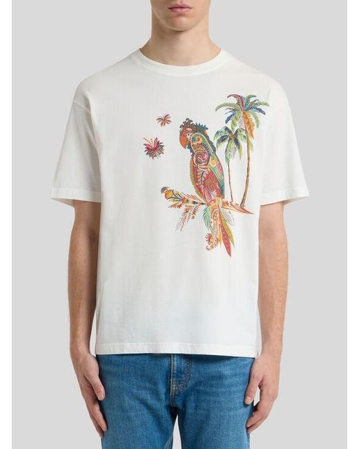 Etro White Cotton Pique T-Shirt With Parrot Print for men