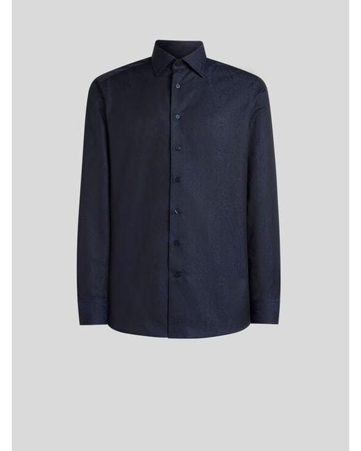 Etro Blue Cotton Jacquard Shirt With Arnica Motif for men