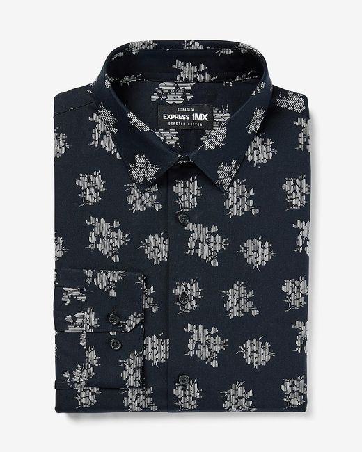 Express Extra Slim Floral Stretch Cotton 1mx Dress Shirt Black Xs for