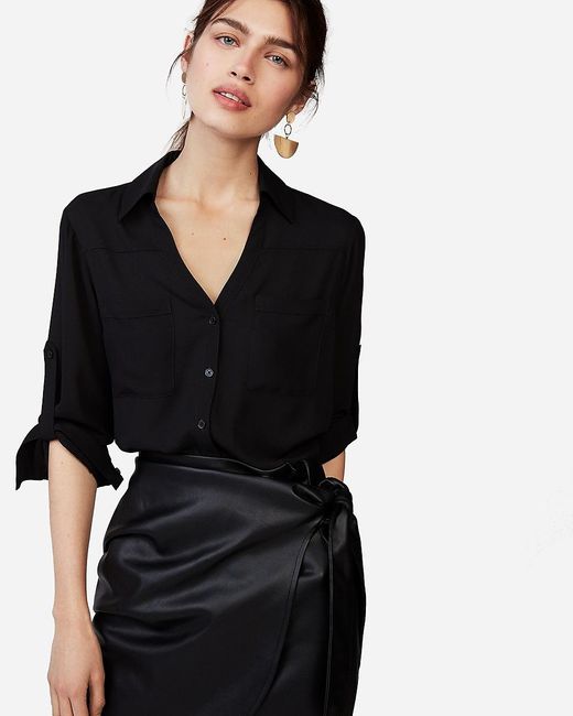 Express Slim Fit Convertible Sleeve Portofino Shirt Black - Lyst
