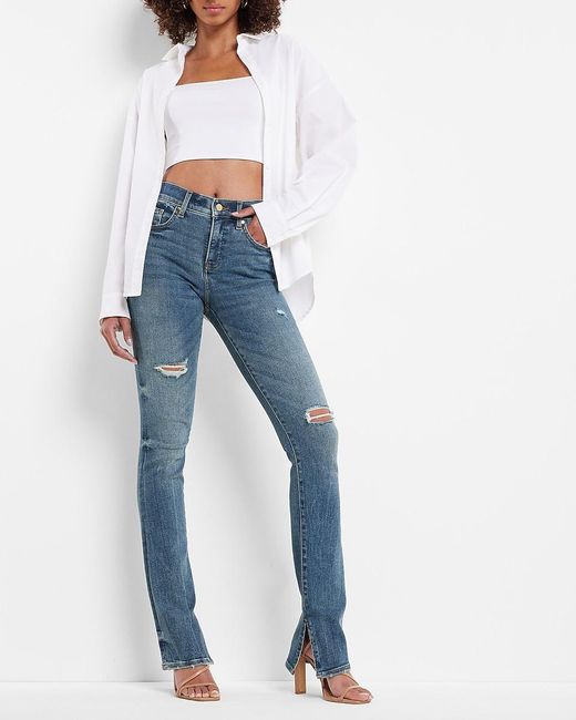 Express Denim Mid Rise Medium Wash Ripped Skyscraper Jeans in Blue | Lyst