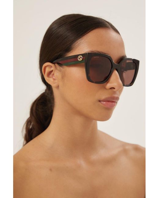 Gucci Squared Havana Sunglasses With Web Temple in | Lyst