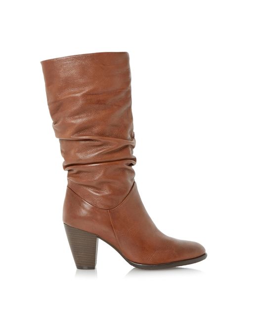 Dune Brown Raddle Leather High Heel Calf Boots