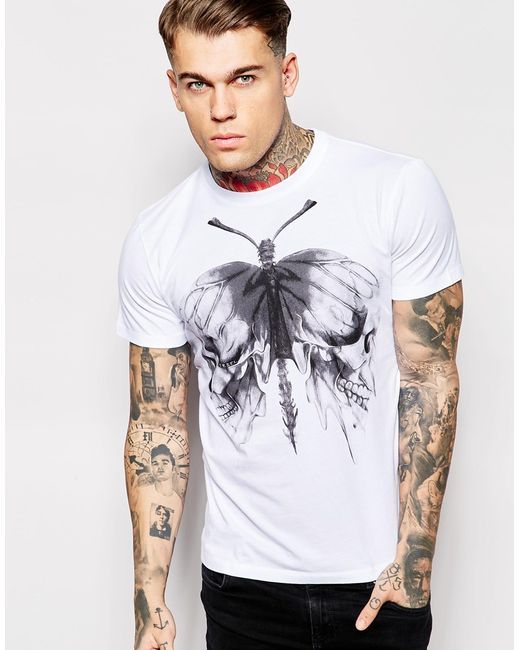 DIESEL White T-Shirt T-Aikos Butterfly Skull Print for men