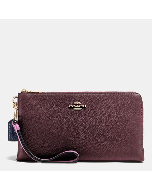 COACH Purple Double Zip Wallet In Colorblock Leather