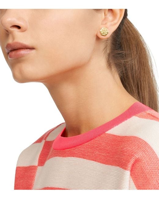 Tory Burch Hexagon Logo Stud Earring in Metallic | Lyst