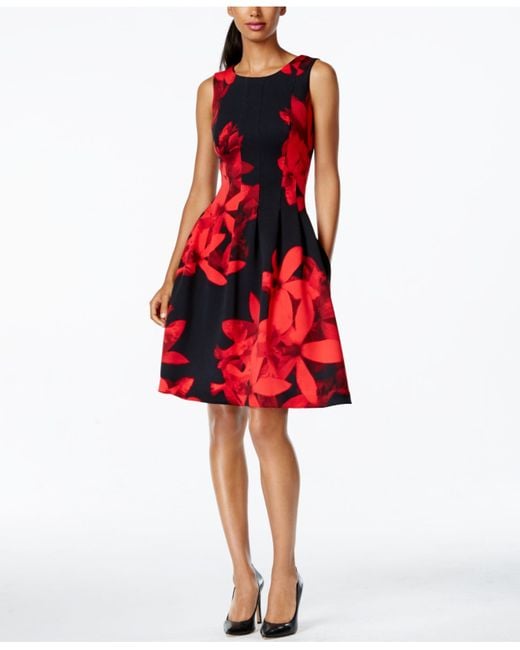 Calvin Klein Black Seamed Side-pocket Floral Dress