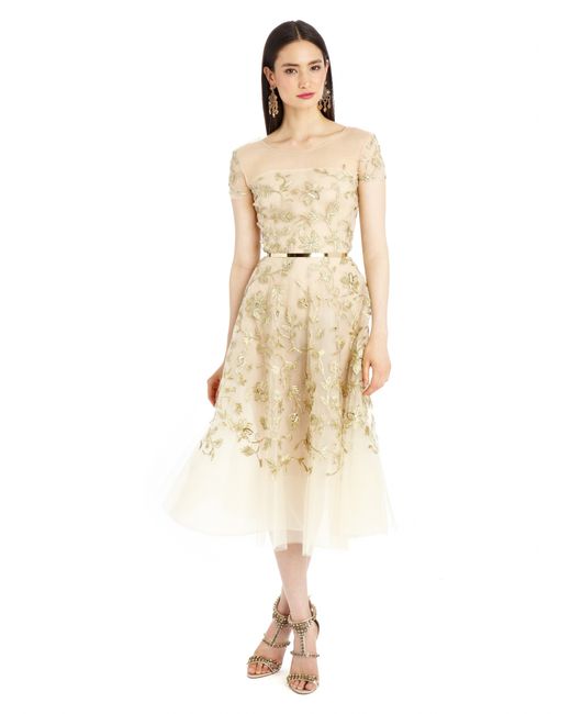 Oscar de la Renta Metallic Gold Floral Embroidered Tulle Dress