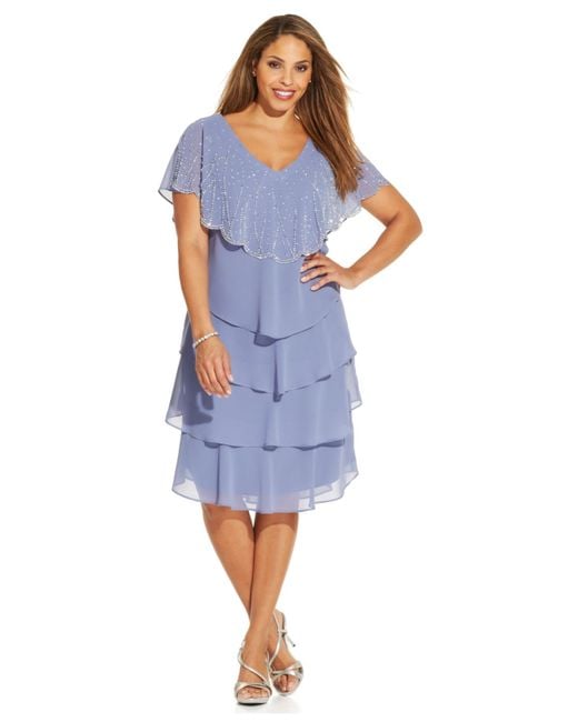 Patra Blue Plus Size Embellished Tiered Chiffon Dress