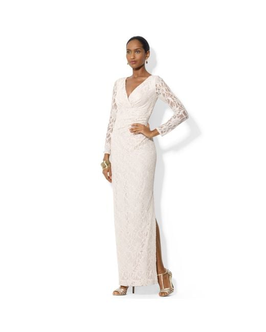 Lauren by Ralph Lauren Petite Longsleeve Sequined Lace Gown in Natural |  Lyst