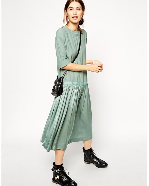 midi dresses with drop waist Poplin Rib-Knit Drop Waist Midi Dress