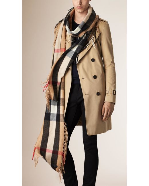 Burberry Brown The Long Fringe Scarf In Check Cashmere